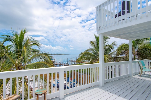 wooden deck with a water view