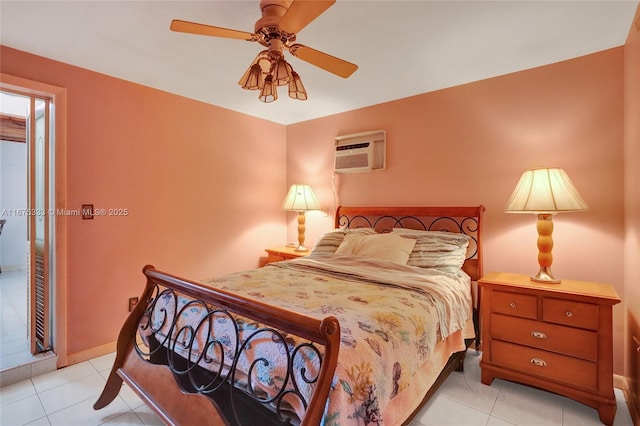 tiled bedroom featuring ceiling fan and a wall mounted AC