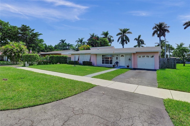 single story home featuring a front lawn and a garage