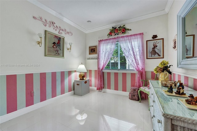 interior space with ornamental molding and light tile patterned floors