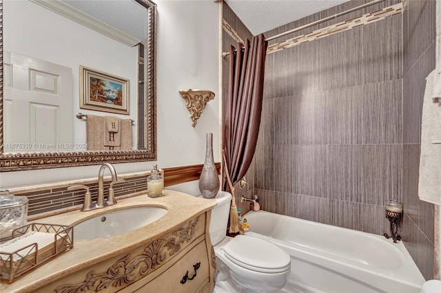 full bathroom with toilet, tasteful backsplash, shower / bath combo, vanity, and a textured ceiling