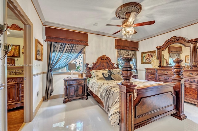 bedroom with ornamental molding and ceiling fan