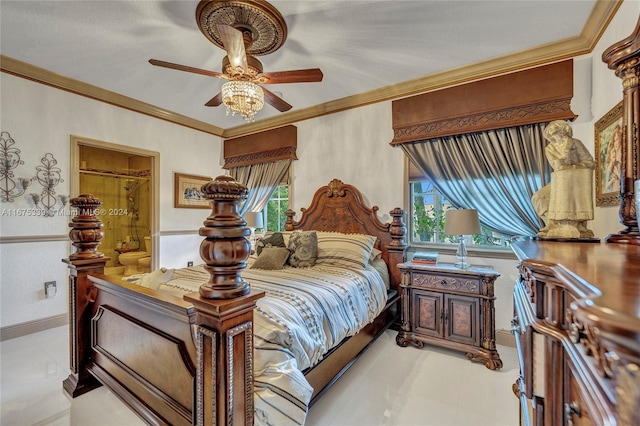 bedroom featuring ceiling fan and crown molding