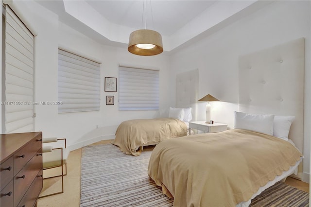 bedroom featuring a baseboard heating unit and a tray ceiling