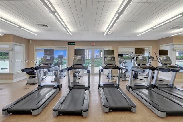 workout area featuring french doors