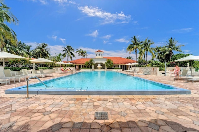 view of swimming pool with a patio