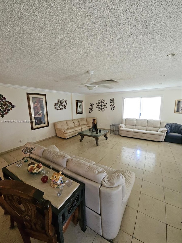 tiled living room with crown molding, ceiling fan, and a textured ceiling