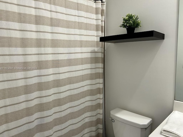 bathroom featuring vanity, toilet, and a shower with shower curtain