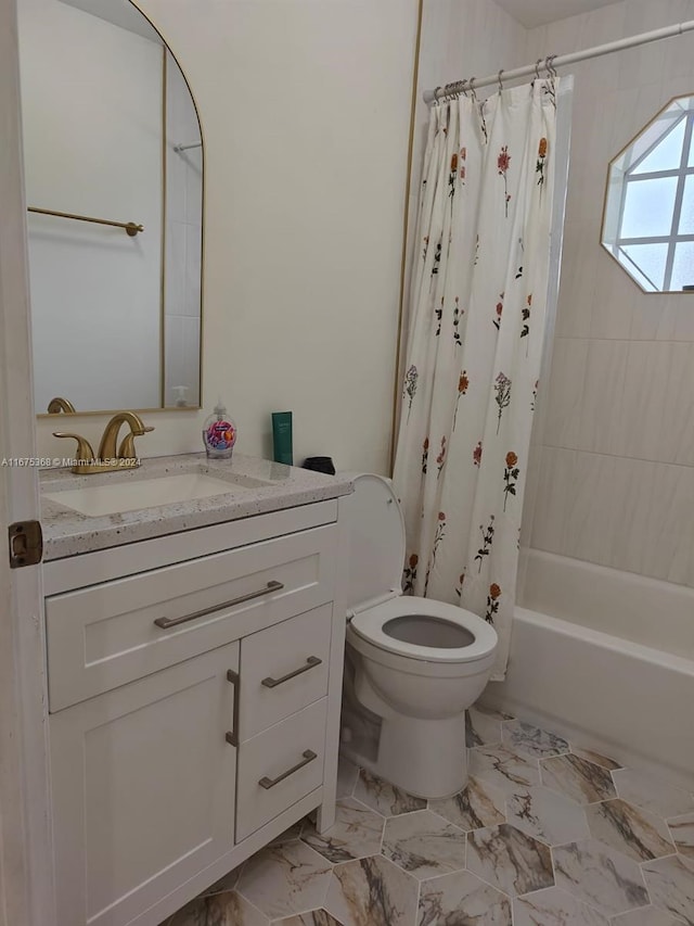 full bathroom featuring toilet, vanity, and shower / bathtub combination with curtain