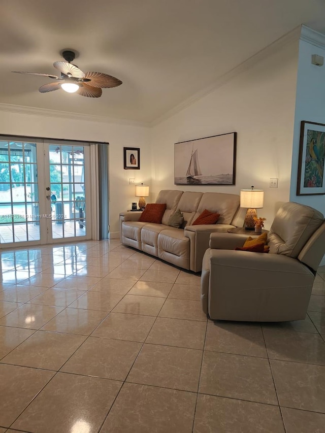 tiled living room featuring ornamental molding, vaulted ceiling, ceiling fan, and french doors