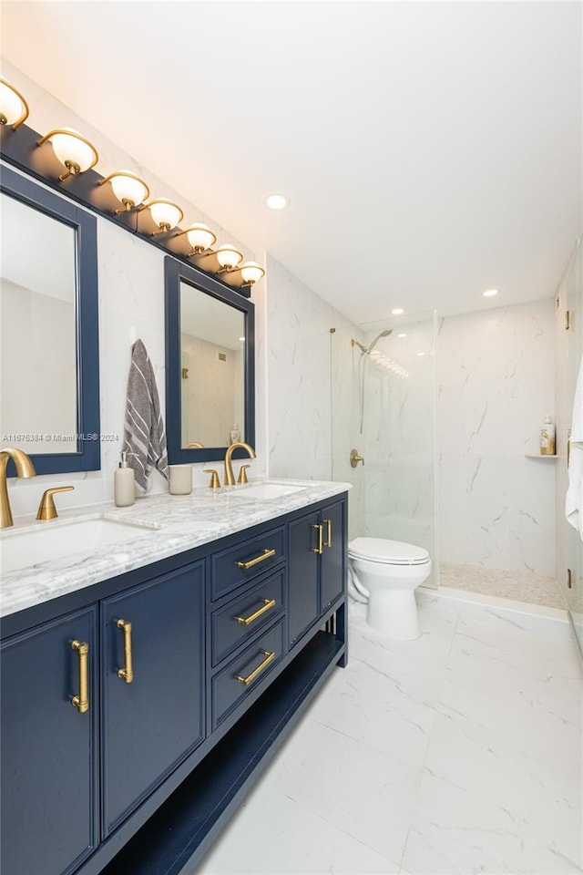 600 Three Islands Blvd Unit 214, Hallandale Beach, FL 33009 - full bathroom with marble finish floors, double vanity, a marble finish shower, toilet, and recessed lighting
