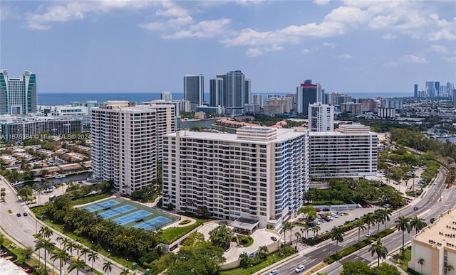 600 Three Islands Blvd Unit 214, Hallandale Beach, FL 33009 - aerial view of skyline, a main thoroughfare, and a large body of water