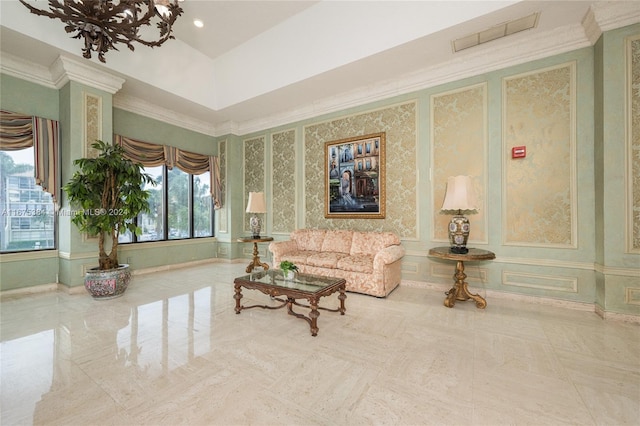 600 Three Islands Blvd Unit 214, Hallandale Beach, FL 33009 - tiled living area with recessed lighting, ornamental molding, baseboards, and wallpapered walls