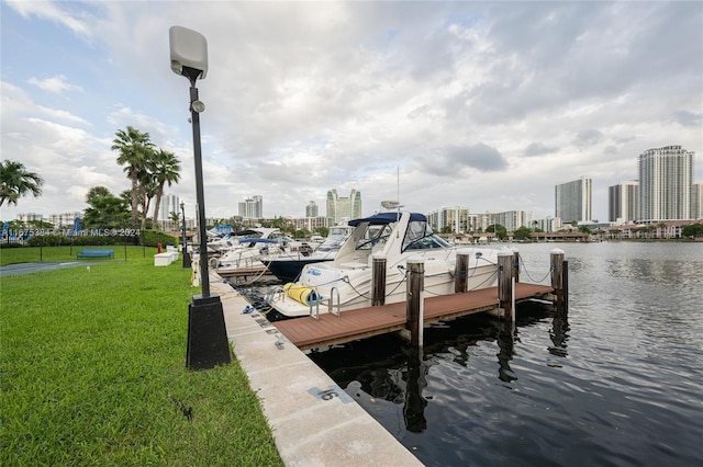 600 Three Islands Blvd Unit 214, Hallandale Beach, FL 33009 - dock with a skyline view, a lawn, and a water view