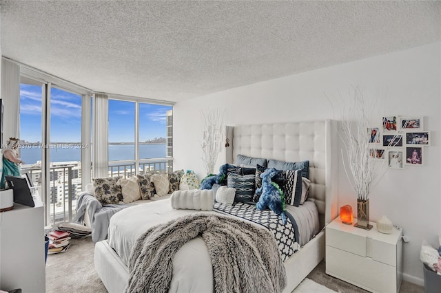 bedroom featuring a water view, multiple windows, and carpet flooring