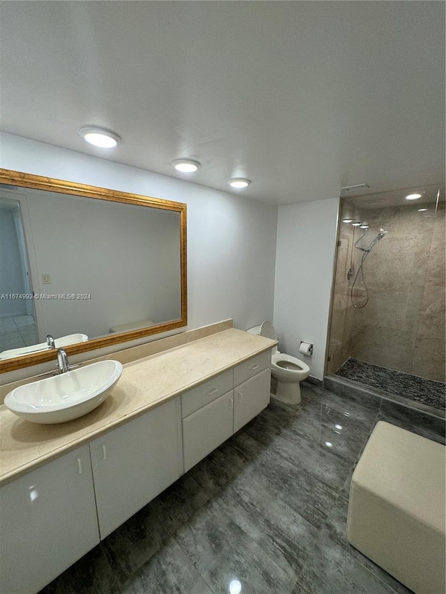 bathroom with vanity, a tile shower, and toilet