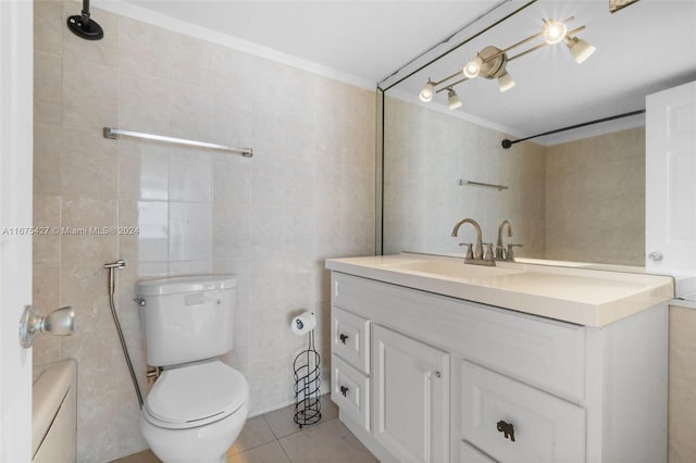 full bathroom featuring vanity, ornamental molding, and tile walls