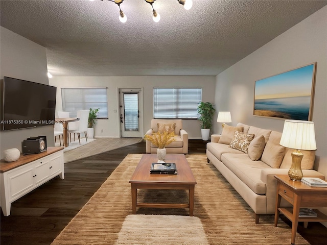 living room with a textured ceiling and dark hardwood / wood-style flooring