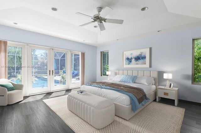 bedroom featuring ceiling fan and dark hardwood / wood-style flooring