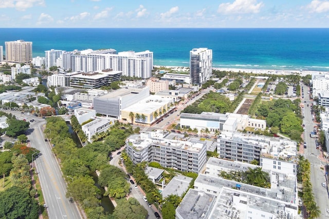 drone / aerial view featuring a water view and a beach view