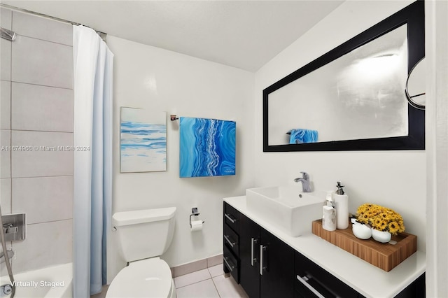 full bathroom featuring shower / bathtub combination with curtain, tile patterned floors, vanity, and toilet