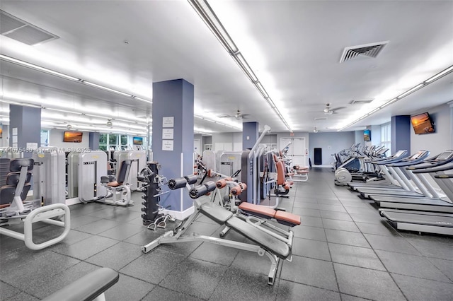 exercise room with visible vents and ceiling fan