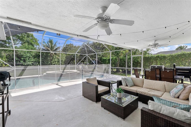 view of patio / terrace with ceiling fan, grilling area, a fenced in pool, an outdoor hangout area, and glass enclosure