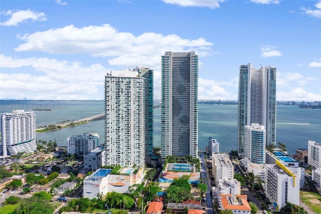 drone / aerial view with a city view and a water view