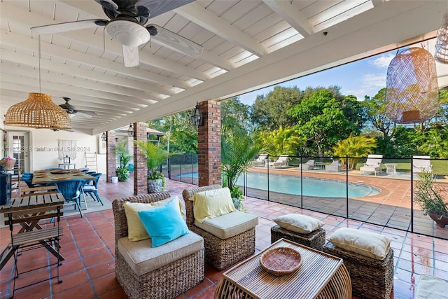 11420 SW 80th Rd, Pinecrest, FL 33156 - view of patio / terrace featuring fence, ceiling fan, outdoor dining area, and a fenced in pool