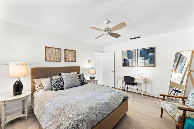 bedroom featuring light wood-type flooring and ceiling fan