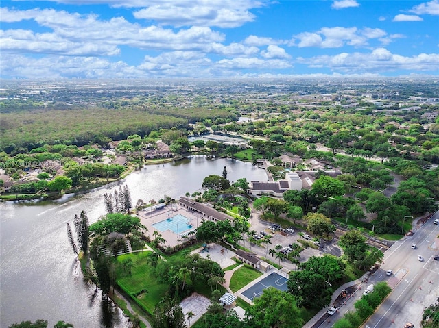 drone / aerial view featuring a water view