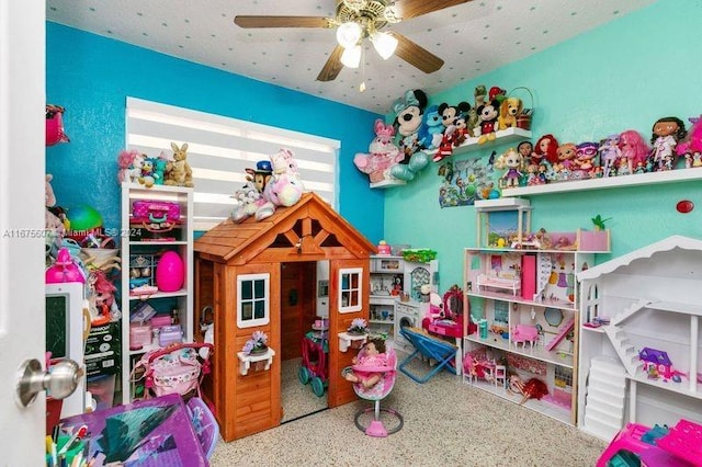 recreation room featuring ceiling fan