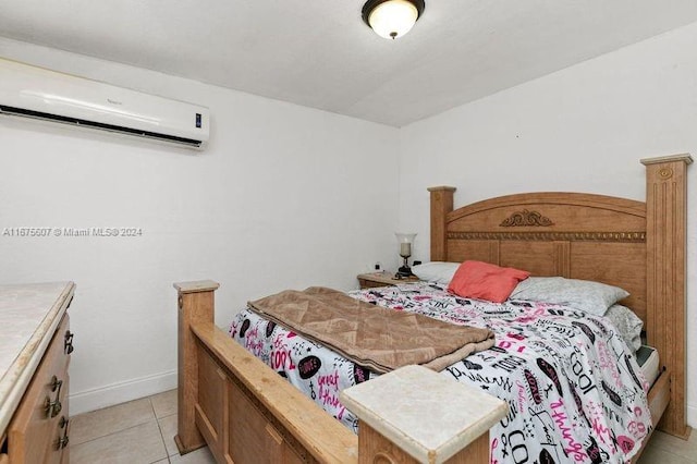 tiled bedroom featuring an AC wall unit