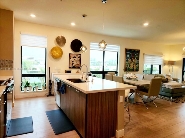 kitchen with light hardwood / wood-style floors, appliances with stainless steel finishes, a kitchen island with sink, hanging light fixtures, and sink