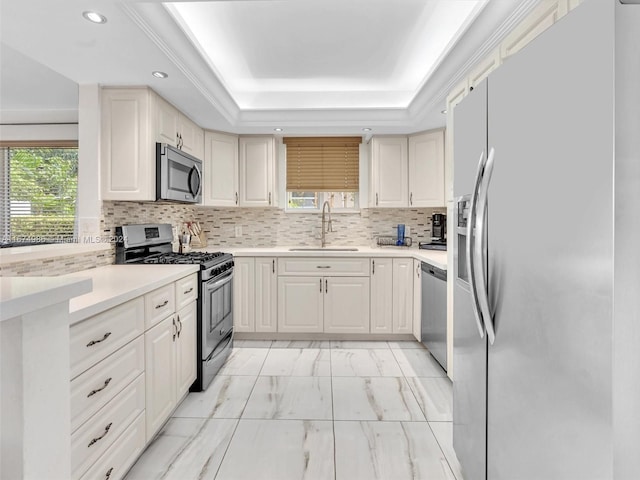 kitchen featuring a tray ceiling, tasteful backsplash, appliances with stainless steel finishes, and sink