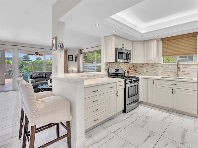 kitchen with stainless steel appliances, kitchen peninsula, a breakfast bar area, a tray ceiling, and backsplash