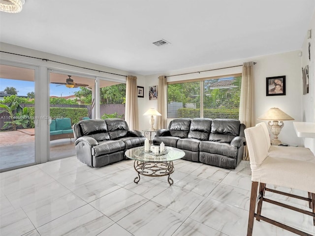 living room with ceiling fan