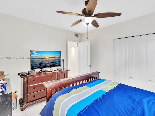 bedroom with ceiling fan and a closet