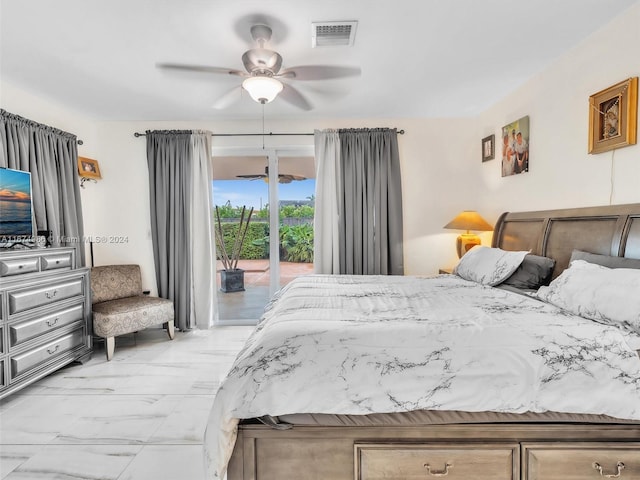 bedroom featuring ceiling fan and access to exterior