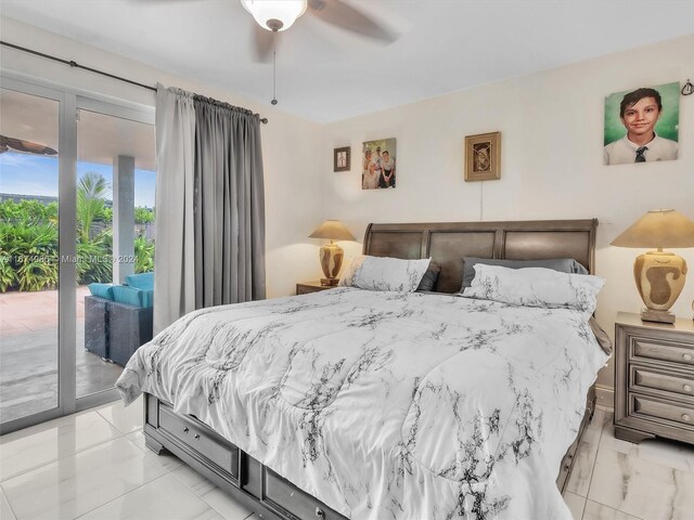 bedroom featuring access to outside and ceiling fan