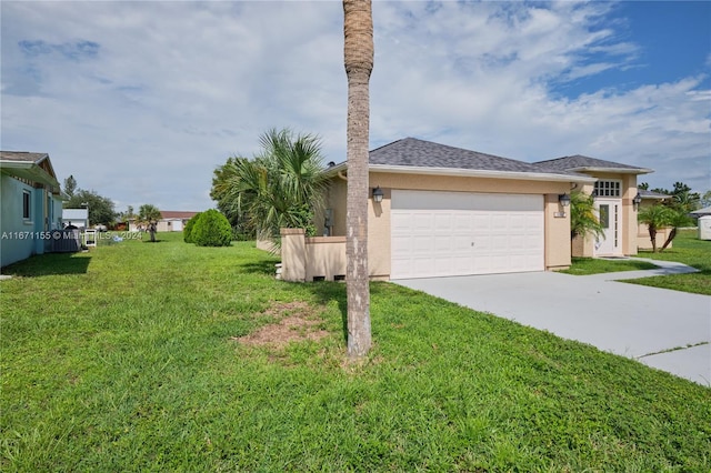 view of property exterior with a yard and a garage