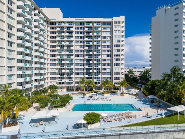 view of swimming pool with a patio area