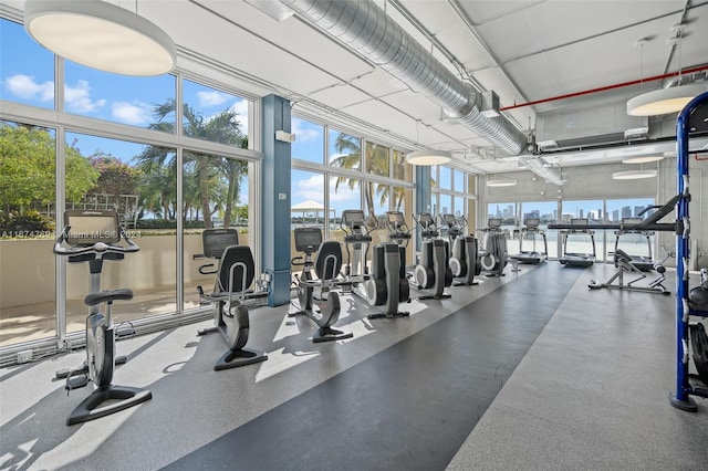 exercise room featuring a wealth of natural light and a wall of windows