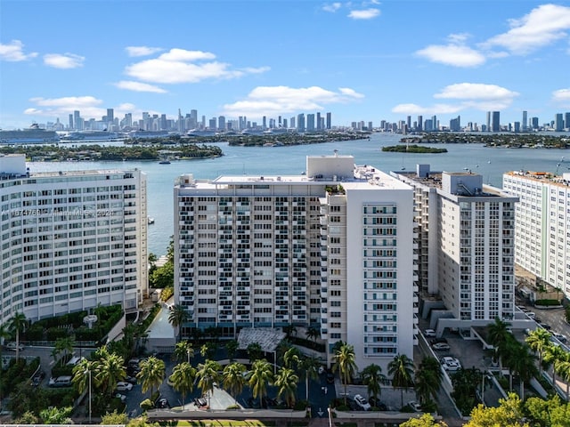 bird's eye view with a city view and a water view
