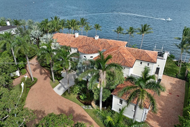 aerial view featuring a water view