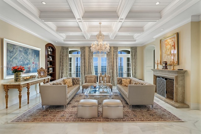 33 Arvida Pkwy, Coral Gables, FL 33156 - living area with a chandelier, marble tiled flooring, crown molding, recessed lighting, and french doors
