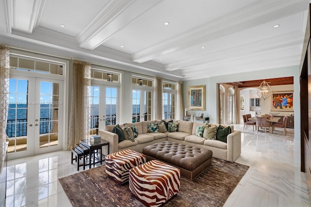 living room featuring french doors, beamed ceiling, a water view, and crown molding