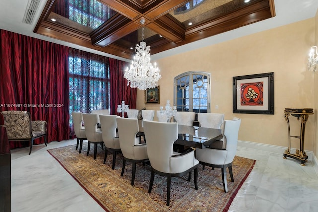 dining area with a notable chandelier, beam ceiling, coffered ceiling, and ornamental molding