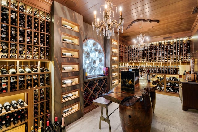 wine room with a chandelier and wood ceiling