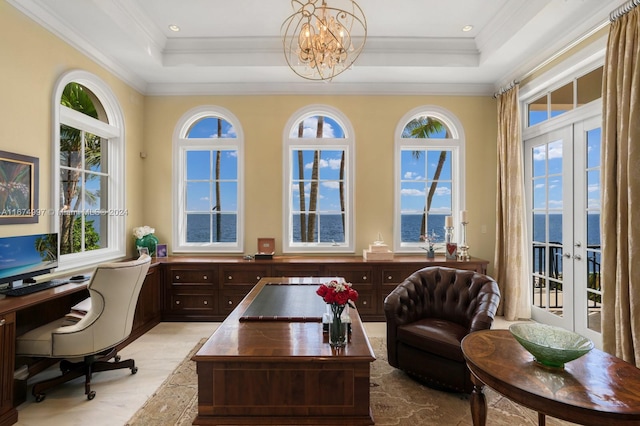 office area with french doors, crown molding, a water view, and a raised ceiling